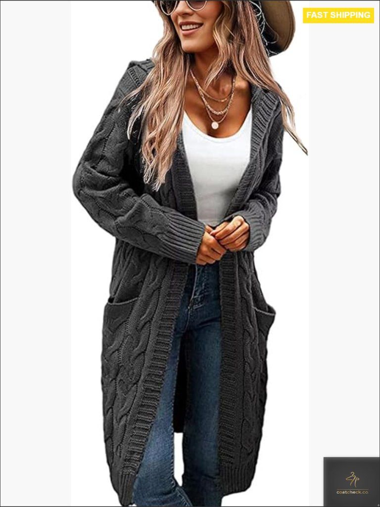 Oversized Cable Knit Cardigan Hooded Open Front Long Sweater With Pockets